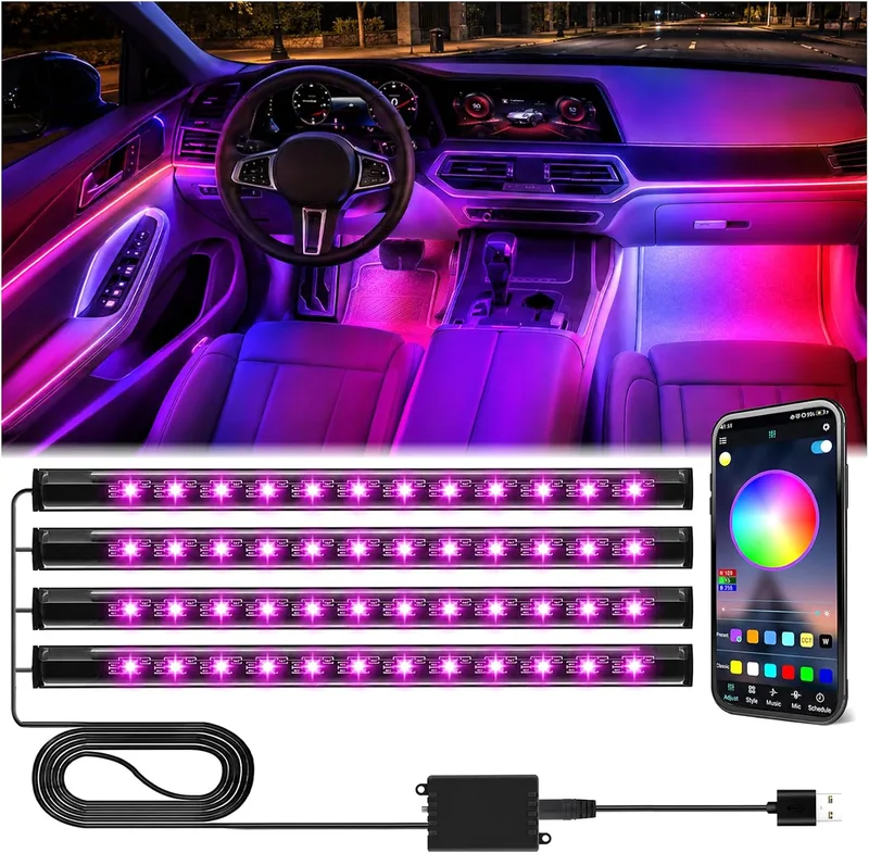 Winzwon ▫️ Luzes LED para o interior do carro, acessórios para automóvel controlados por aplicação, presente para o Dia da Mãe, homem, mulher, luzes com porta USB, luzes de ambiente para o carro (1)
