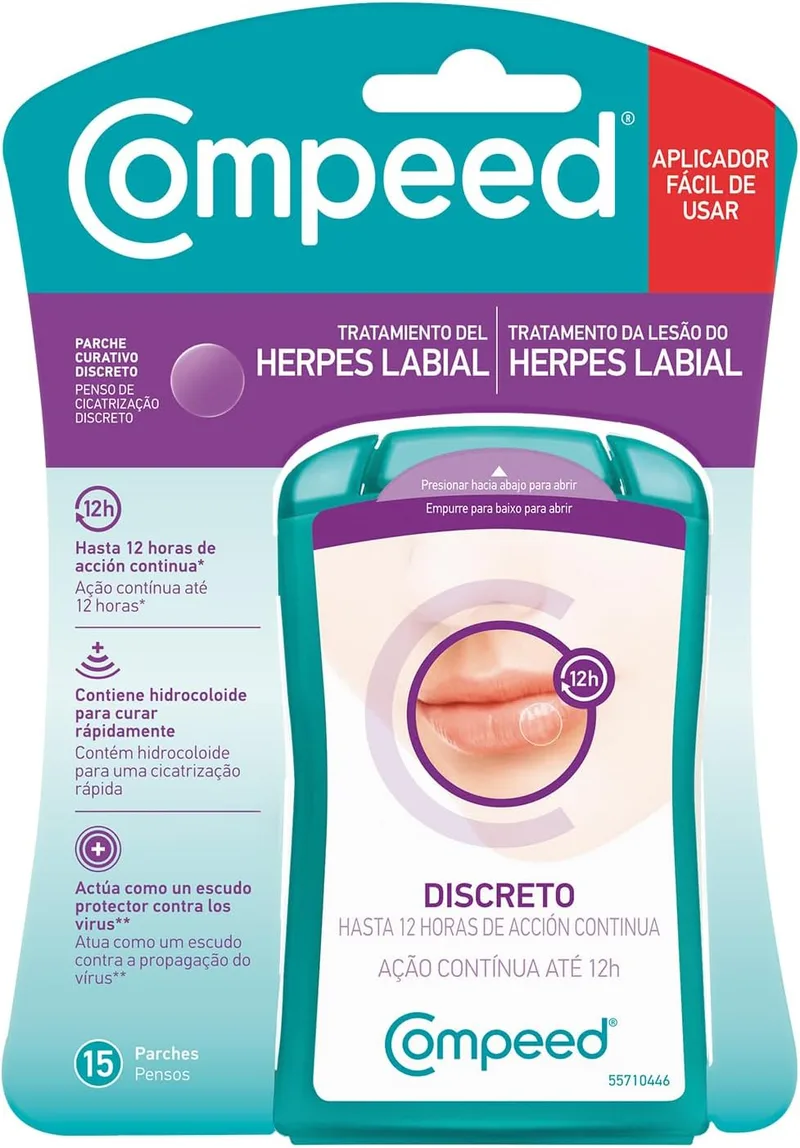 Compeed ▫️ Herpes Labial, Pensos Hidrocoloides, Embalagem de 15 unidades | Pensos hidrocoloides, proteção discreta, cicatrização rápida, uso diário, até 12 horas de ação, com aplicador