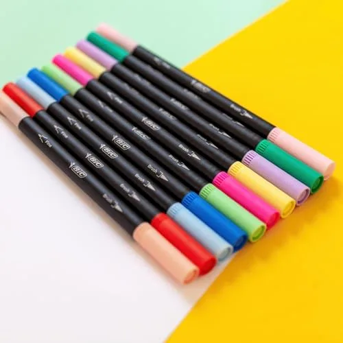 BIC ▫️ Intensity, Marcadores de lettering de ponta dupla, caneta esferográfica + pincel, cores sortidas, caixa de 12 unidades 2