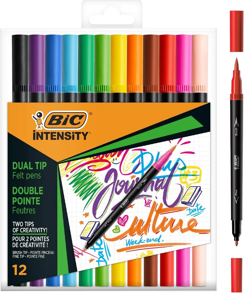 BIC ▫️ Intensity, caneta dupla para letras, esferográfica + pincel, cores sortidas, caixa com 12 unidades.