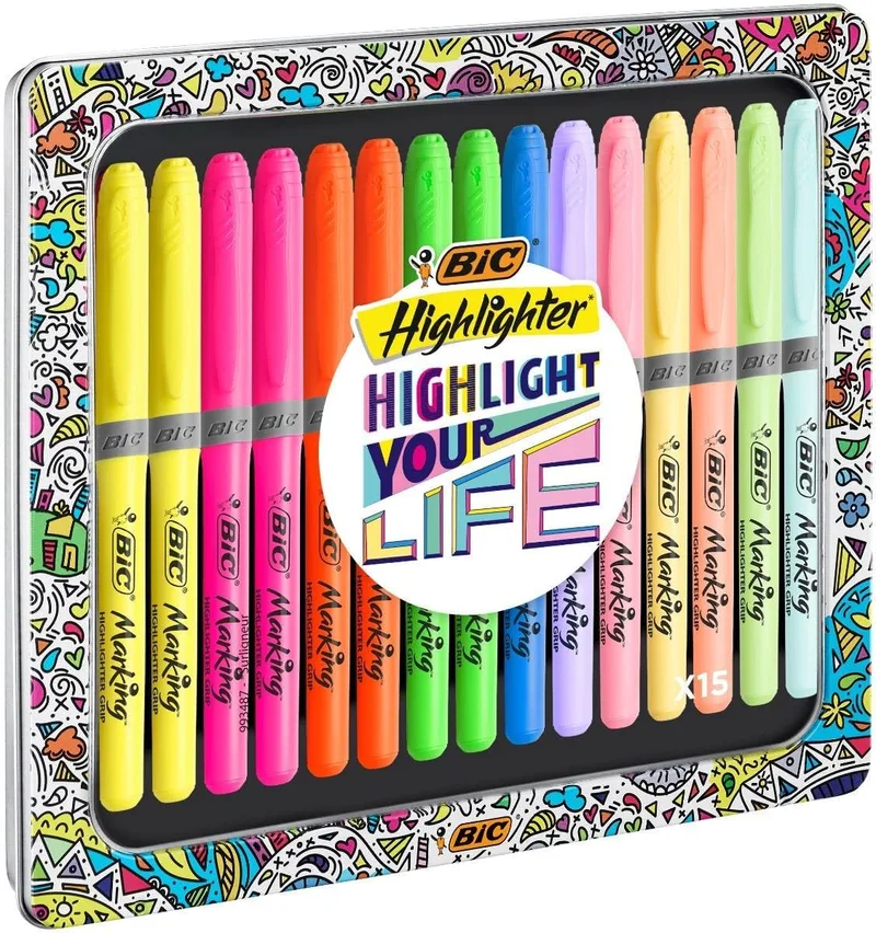 BIC ▫️ Caixa de coleção de marcadores - Marcadores, cores sortidas em tons vivos e pastel, caixa de metal para oferta com 15 unidades.