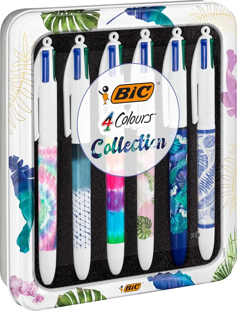 BIC ▫️ 4 Colours Decors Collection Series Botanical and Tie Dye Medium Ballpoint Pens (1,00 mm) - Material escolar, de escritório e de papelaria, lindas canetas esferográficas - Ideias para presentes