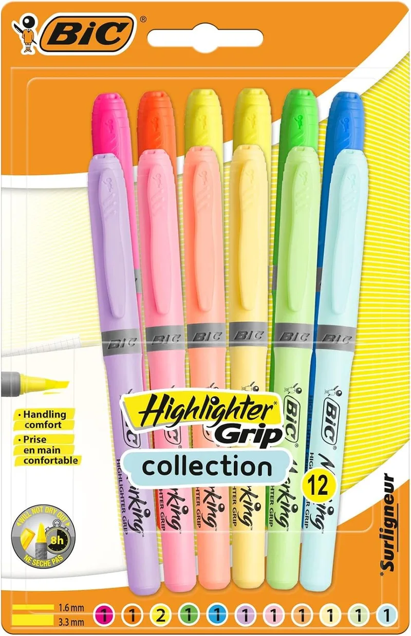 BIC ▫️ Highlighter Grip Adjustable Bevelled Tip Highlighters - Cores em tons vivos e pastel, sortido, embalagem de 12