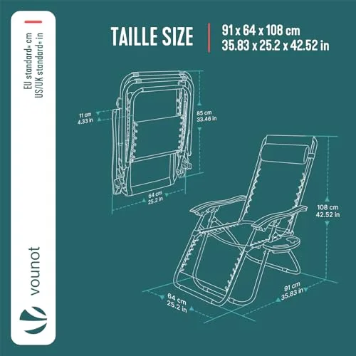 VOUNOT ▫️ ® Conjunto de 2 espreguiçadeiras dobráveis multiposição para jardim, cadeira reclinável com gravidade zero, com suporte para bebidas e encosto de cabeça removível, carga máxima de 120 kg, azul 2