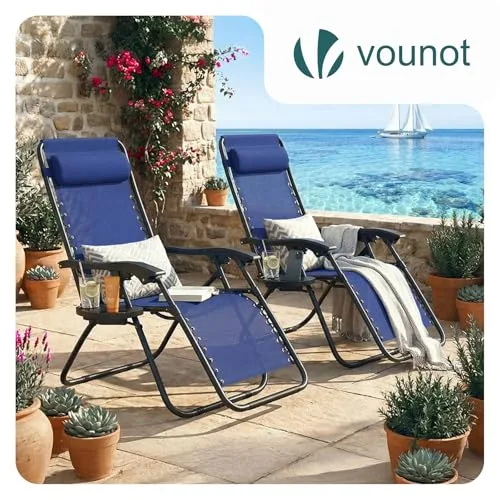 VOUNOT ▫️ ® Conjunto de 2 espreguiçadeiras dobráveis multiposição para jardim, cadeira reclinável com gravidade zero, com suporte para bebidas e encosto de cabeça removível, carga máxima de 120 kg, azul 3