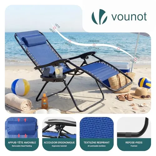 VOUNOT ▫️ ® Conjunto de 2 espreguiçadeiras dobráveis multiposição para jardim, cadeira reclinável com gravidade zero, com suporte para bebidas e encosto de cabeça removível, carga máxima de 120 kg, azul 5
