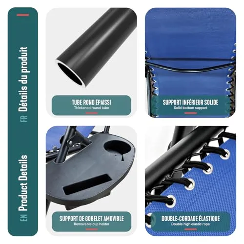 VOUNOT ▫️ ® Conjunto de 2 espreguiçadeiras dobráveis multiposição para jardim, cadeira reclinável com gravidade zero, com suporte para bebidas e encosto de cabeça removível, carga máxima de 120 kg, azul 6