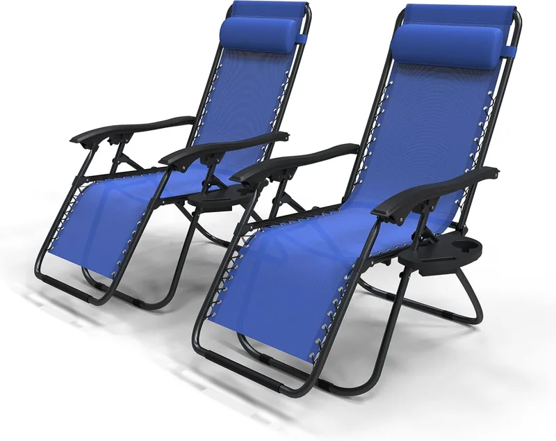 VOUNOT ▫️ ® Conjunto de 2 espreguiçadeiras dobráveis multiposição para jardim, cadeira reclinável com gravidade zero, com suporte para bebidas e encosto de cabeça removível, carga máxima de 120 kg, azul