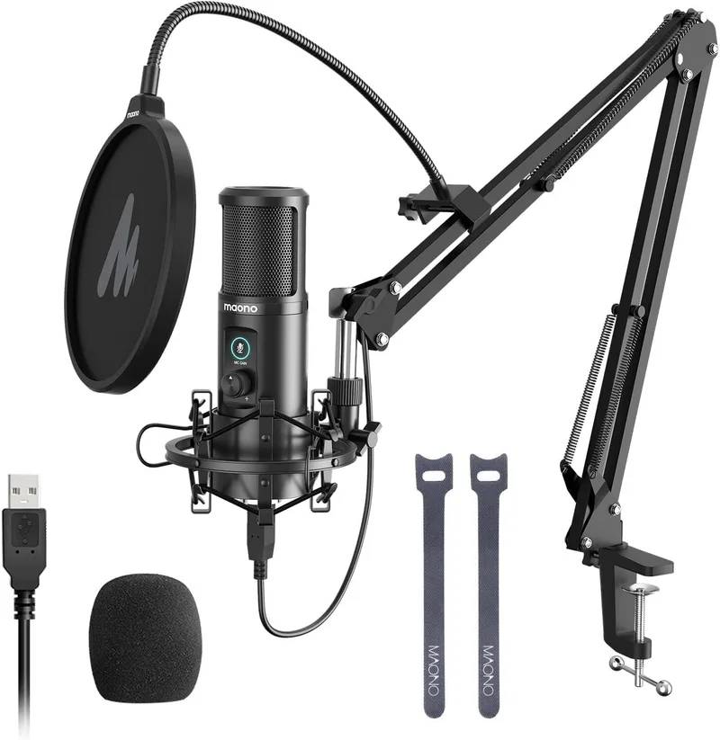 MAONO ▫️ Microfone condensador USB para PC, microfone profissional 192KHZ/24BIT com botão de ganho, tecla Mute, microfone para streaming, jogos, podcast, Plug and Play para PC, telemóvel, Mac, PS4(PM421)