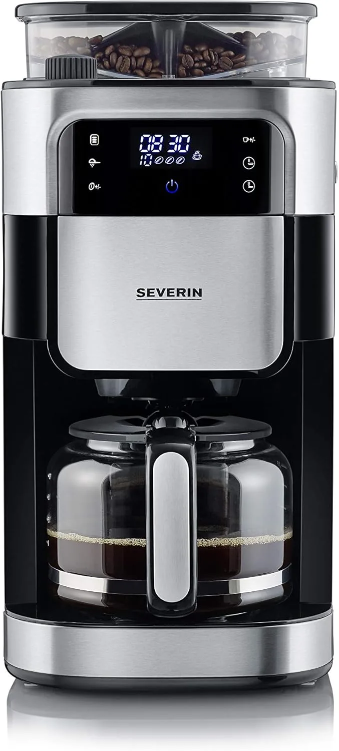 Severin ▫️ Máquina de café de gotejamento com moedor para até 10 chávenas, Máquina de café de filtro / Máquina de café americana com jarro de vidro de 1 l, com ecrã LED e temporizador, Aço inoxidável / Preto, KA 4813