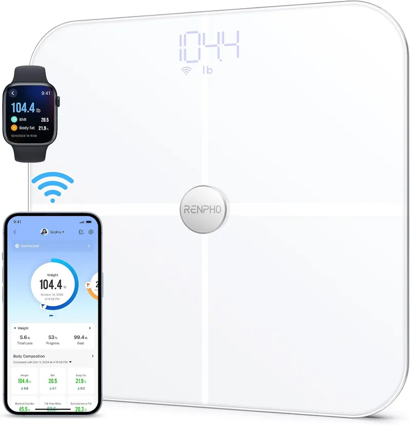 RENPHO ▫️ Balança de casa de banho digital com Bluetooth Smart e balança de gordura corporal, balança de casa de banho digital sem fios, 13 medições, análise da composição corporal, branco ITO, Elis Aspire