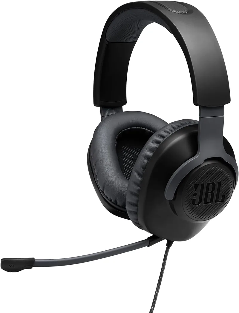 JBL ▫️ Quantum 100: Auscultadores para gamers com som QuantumSOUND, microfone Boom, design leve, confortável e apelativo, compatíveis com várias plataformas, na cor preta