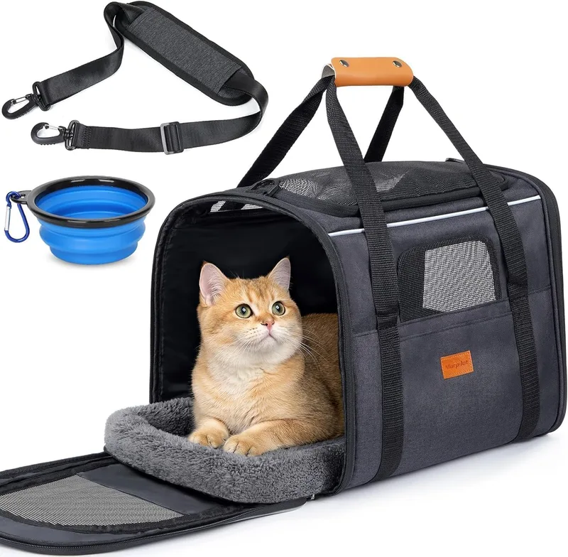 Morpilot ▫️ Transportador para cães e gatos, bolsa de transporte respirável para animais de estimação, bolsa de viagem com alça de ombro ajustável, transportador para gatos com colchão macio + tigela dobrável 45,7 L x 31,8 L x 35,6 A cm