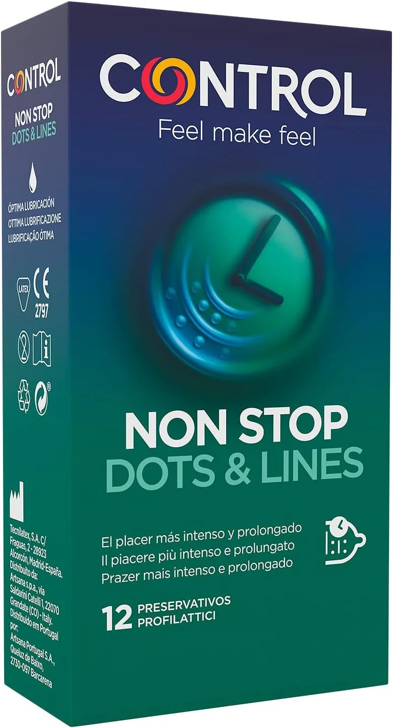 CONTROL ▫️ Preservativos Non Stop Dots & Lines - Caixa de preservativos, com pontos e estrias para estimulação, efeito retardante, adaptação perfeita, 12 unidades