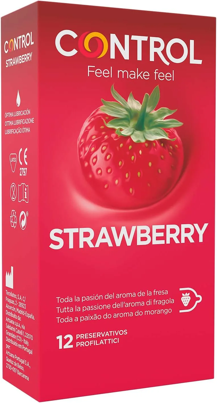 CONTROL ▫️ Strawberry – Preservativos com aroma a morango, em látex natural – 12 preservativos