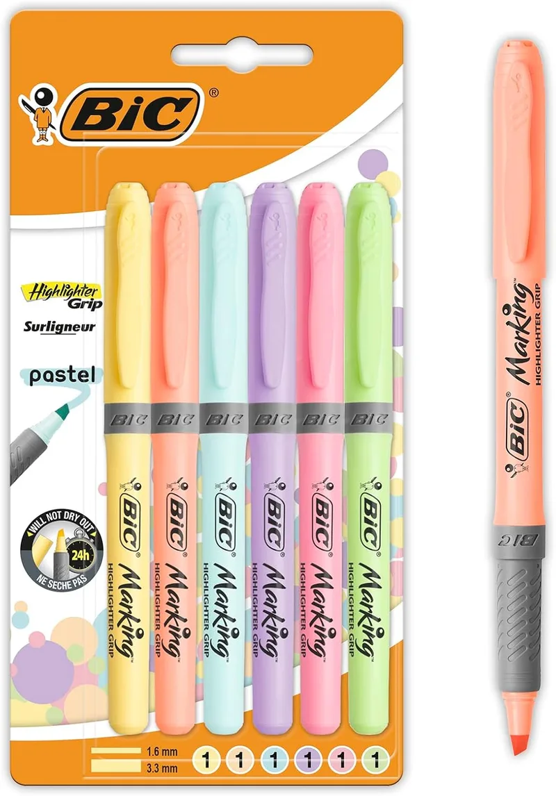BIC ▫️ Marcadores Highlighter Grip Pastel com ponta biselada ajustável - Cores variadas, embalagem de 6 marcadores pastel, ideais para material escolar e de escritório