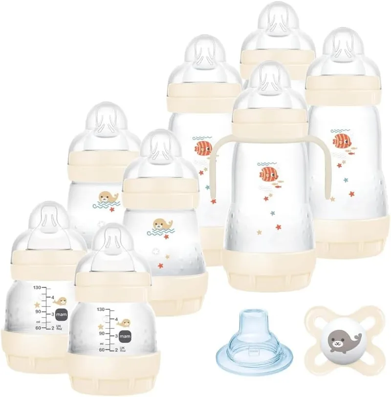MAM ▫️ Instruções em língua estrangeira - Conjunto de biberões Easy Start Anti-Colic, 8 biberões de 130 ml, 160 ml e 260 ml, 1 chupeta, 4 discos vedantes, 1 bocal extra suave e alças, bege - 730 g