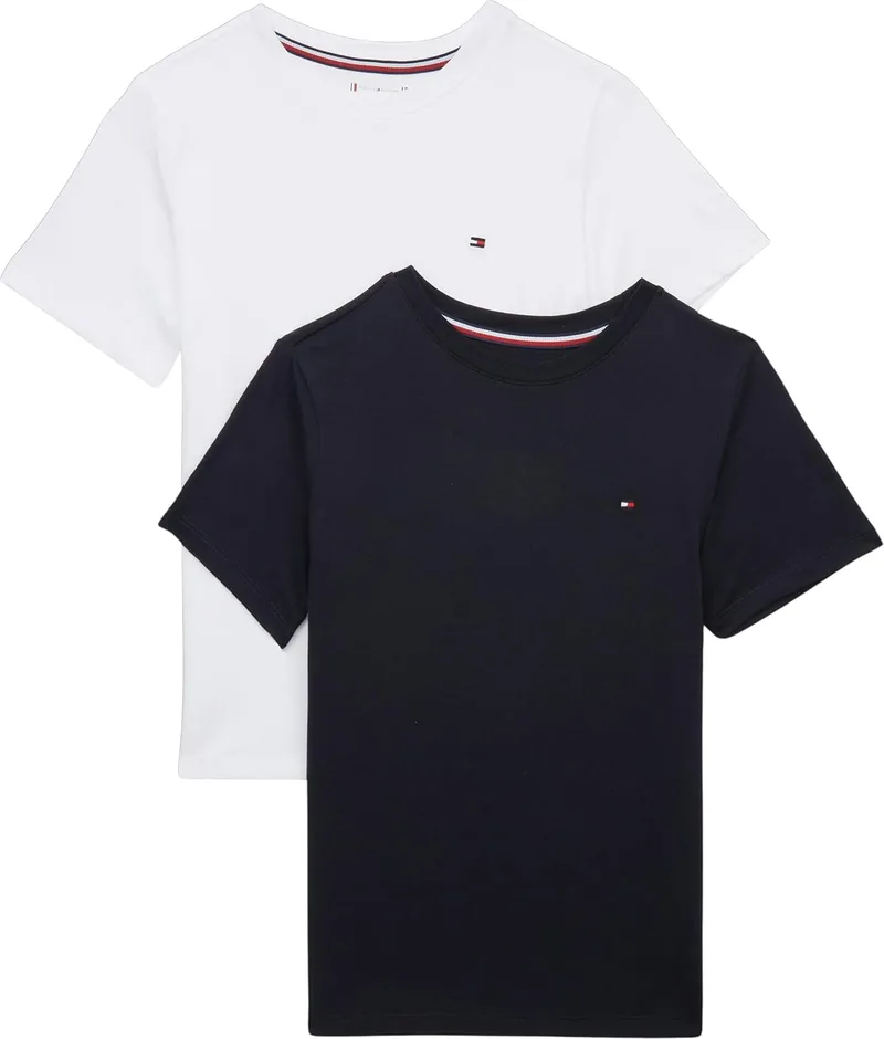 Tommy Hilfiger ▫️ Conjunto de 2 camisolas de algodão orgânico com gola redonda para rapazes, Desert Sky/Branco