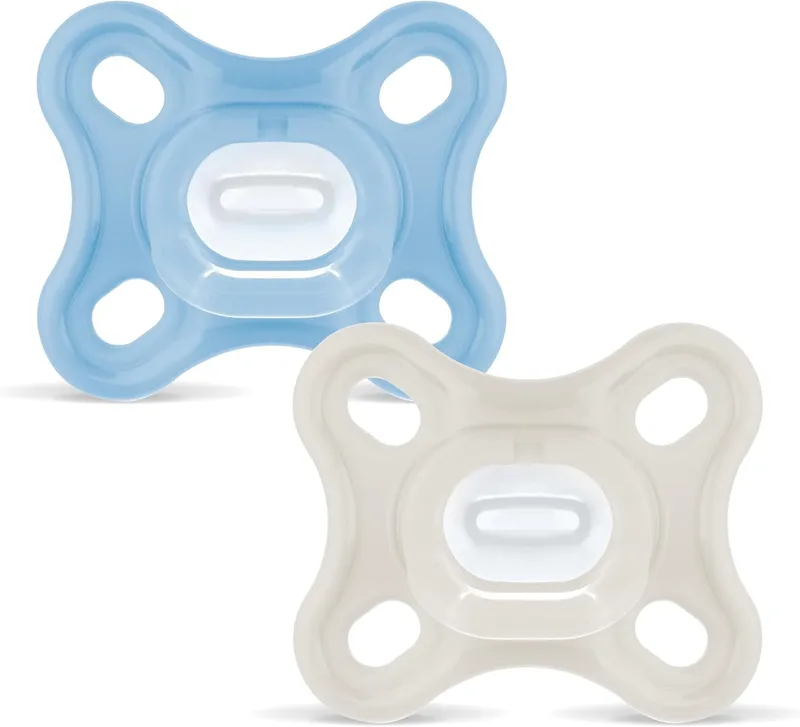 MAM ▫️ Chupeta All Silicone, 0-3 meses, com tetina simétrica, pescoço extra pequeno e fino, silicone suave para uma fácil aceitação, com caixa auto-esterilizadora, Comfort, azul, 2 peças