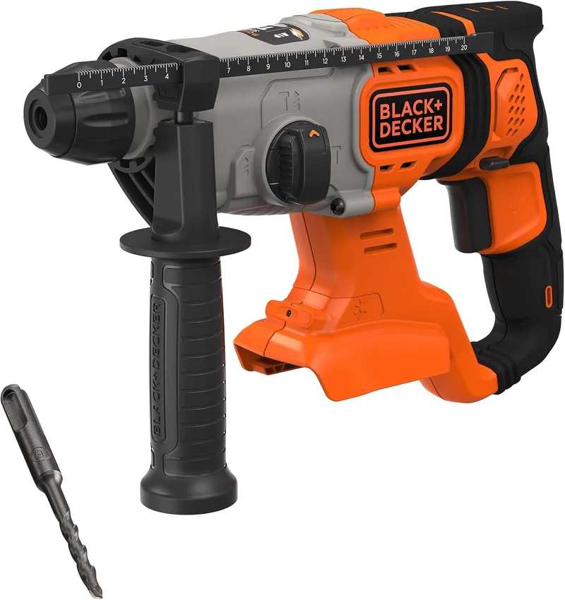 Black+Decker ▫️ Berbequim de percussão SDS-Plus a bateria de 18 V, energia de impacto de 1,2 J, 3 modos, inclui broca para betão de 6 mm e caixa do kit, BCD900B-XJ