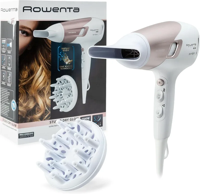 Rowenta ▫️ Secador de cabelo Studio Dry CV5830 2300 W, tecnologia Effiwatts, 6 definições de velocidade/temperatura, controlo térmico, gerador iónico, ar frio, difusor, cabo de 1,8 m, branco