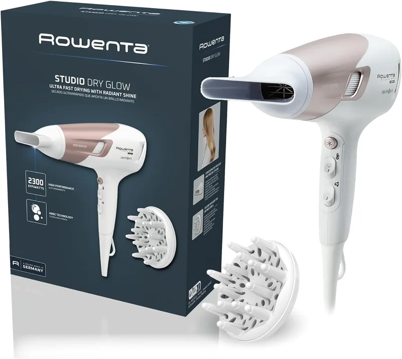 Rowenta ▫️ Studio Dry CV5830 Secador de cabelo de 2300 W, tecnologia Effiwatts, 6 níveis de velocidade/temperatura, Termocontrol, gerador iónico, ar frio, difusor, cabo de 1,8 m, branco