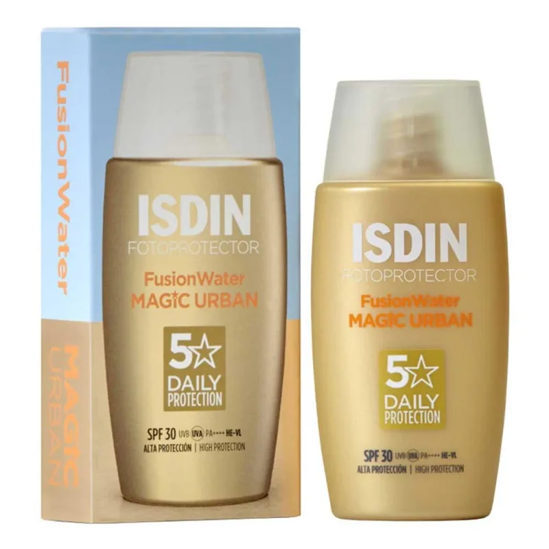 ISDIN ▫️ Fotoproteção Fusion Water Urban SPF 30, Protetor solar facial em creme fluido com ácido hialurónico, textura ultraleve e ação antipoluição para ambientes urbanos, 50 ml