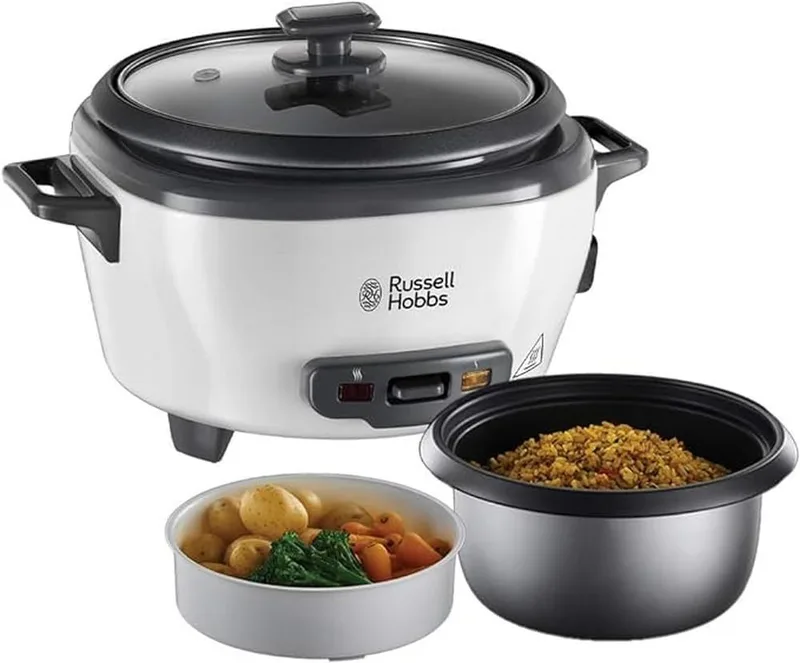 Russell Hobbs ▫️ Panela de arroz 6 porções, média, função manter quente, desligamento automático, antiaderente, cesto para vapor, lavável na máquina de lavar louça, 300 W, 27030-56