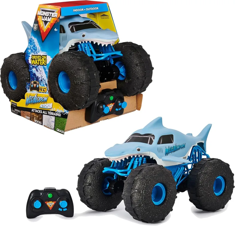 Monster Jam ▫️ Megalodon Monster Truck Carro telecomandado - Megalodon Storm RC Carro 1:15-2.4GHZ Escala até 76m - Brinquedos para Crianças 4 Anos + Prenda para Crianças 4 Anos +