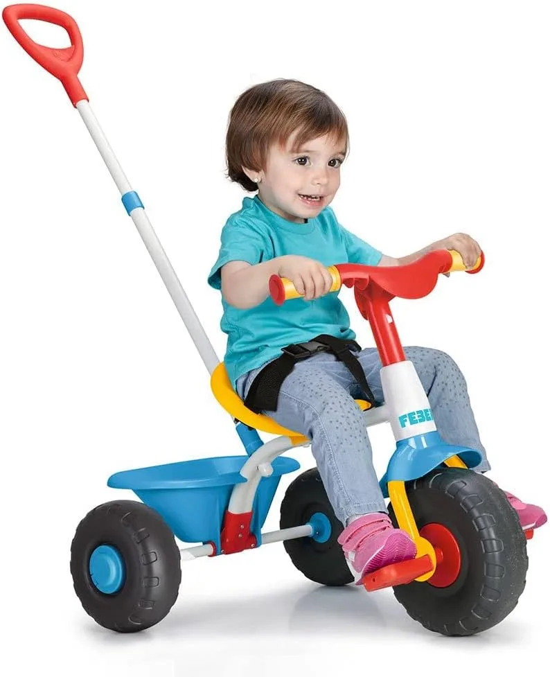 FEBER ▫️ Triciclo para bebés, triciclo para crianças com estrutura metálica e cinto de segurança, 2 posições, carrinho de passeio e triciclo a pedais, 1 a 3 anos, azul, Famosa (800012810)
