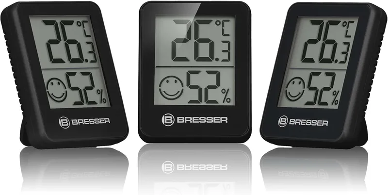 Bresser ▫️ Temeo Termómetro, higrómetro, conjunto de 3 higrómetros para colocar em pé ou na parede com indicador de temperatura interior, preto