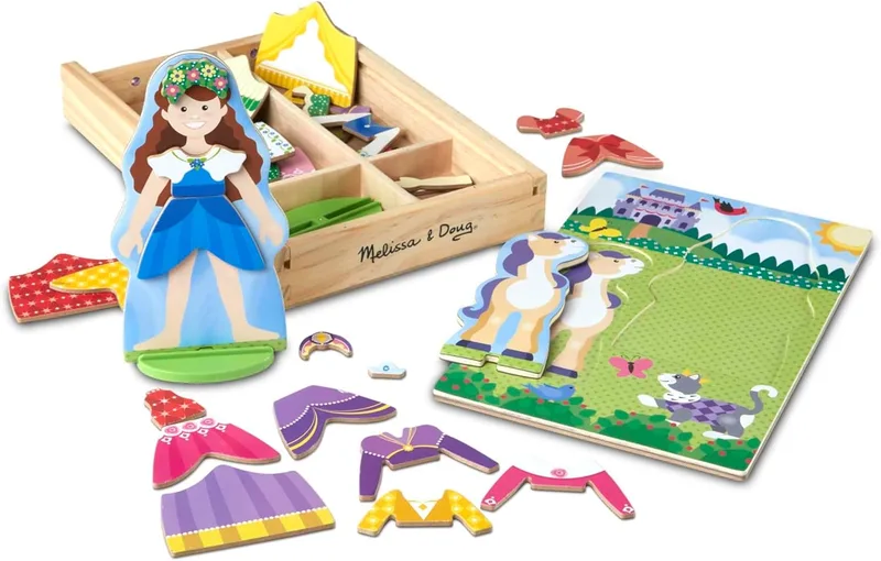 Melissa & Doug - Conjunto de bonecas de imitação de madeira com peças magnéticas - Princesa e cavalo (35 peças)