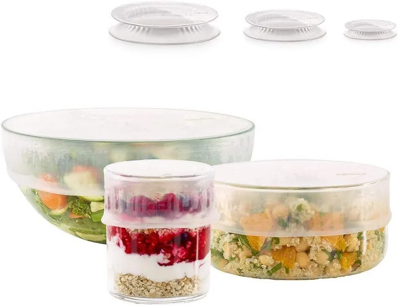 Lékué ▫️ Conjunto de 3 tampas extensíveis para conservar alimentos, em silicone, 11,5/15/20 cm