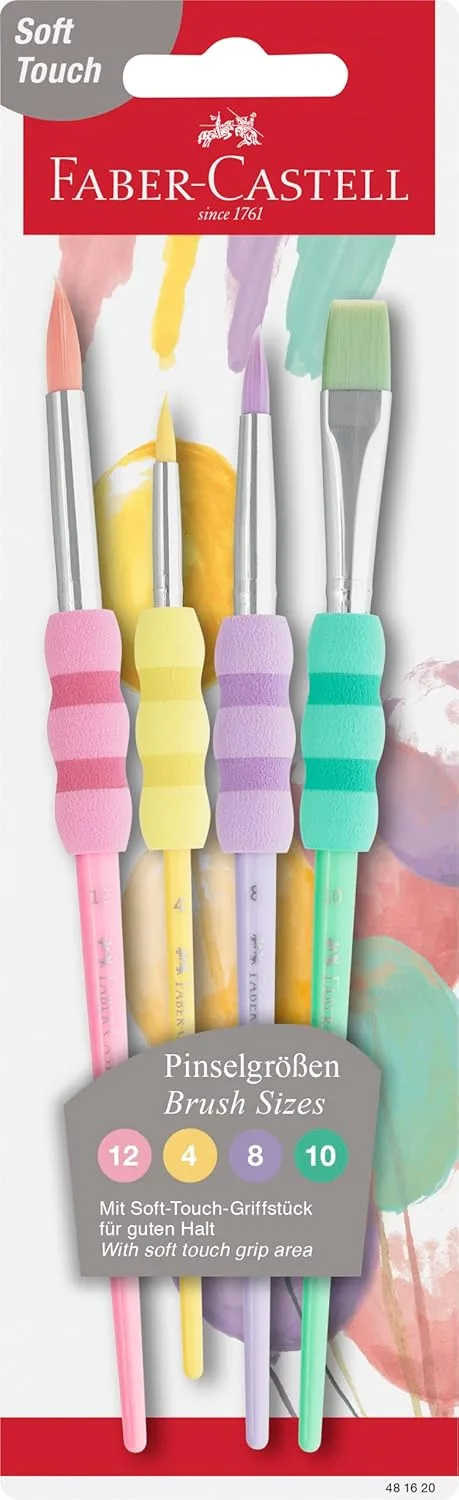 Faber-Castell ▫️ Conjunto de pincéis com cabo macio, 4 peças | Pincéis com cabo ergonómico e macio para a escola e projetos criativos