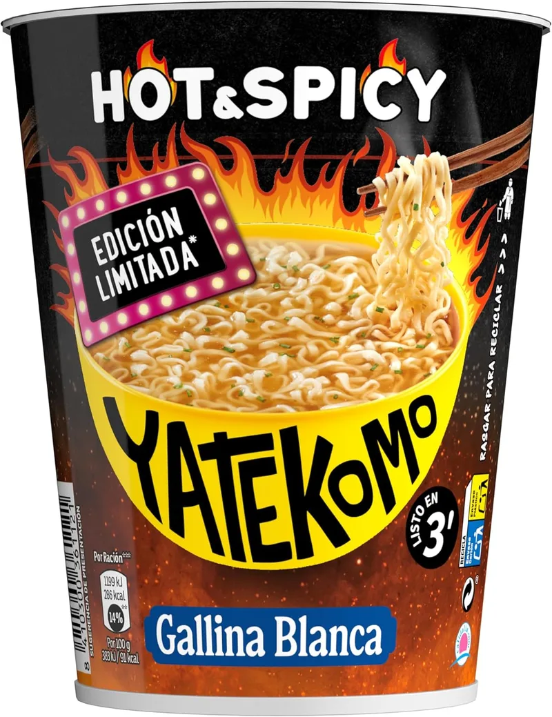 YATEKOMO ▫️ Hot & Spicy Oriental Noodles - Sabor Picante. Preparação rápida em 3 minutos - 1 tigela de 61g