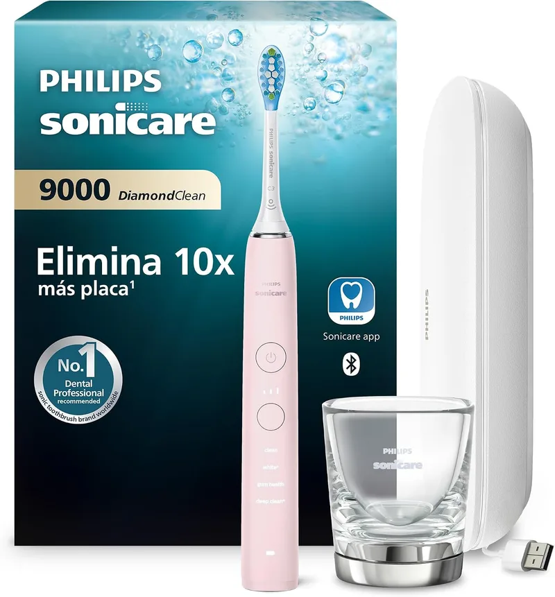 PHILIPS ▫️ Escova de dentes elétrica Sonicare DiamondClean 9000, sónica com aplicação, sensor de pressão, 4 modos de escovagem, copo de carregamento e estojo de viagem com USB, rosa, HX9911/29