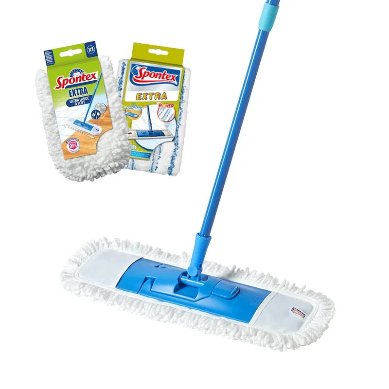 Spontex ▫️ Fregona Extra Flat | Esfregona versátil de microfibras para superfícies secas e húmidas | Comprimento ajustável (80-140 cm) | Limpa pavimentos laminados, de madeira e de azulejo | 2 recargas