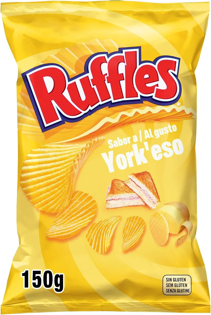 Ruffles ▫️ Yorkeso, Batatas fritas com sabor a fiambre e queijo, Produto de aperitivo, embalagem individual, 150 g