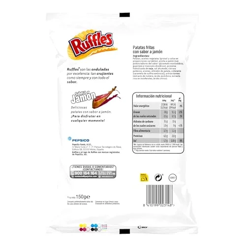 Ruffles ▫️ Jamón, Batatas fritas com sabor a presunto, Produto de aperitivo, embalagem individual, 150 g 2