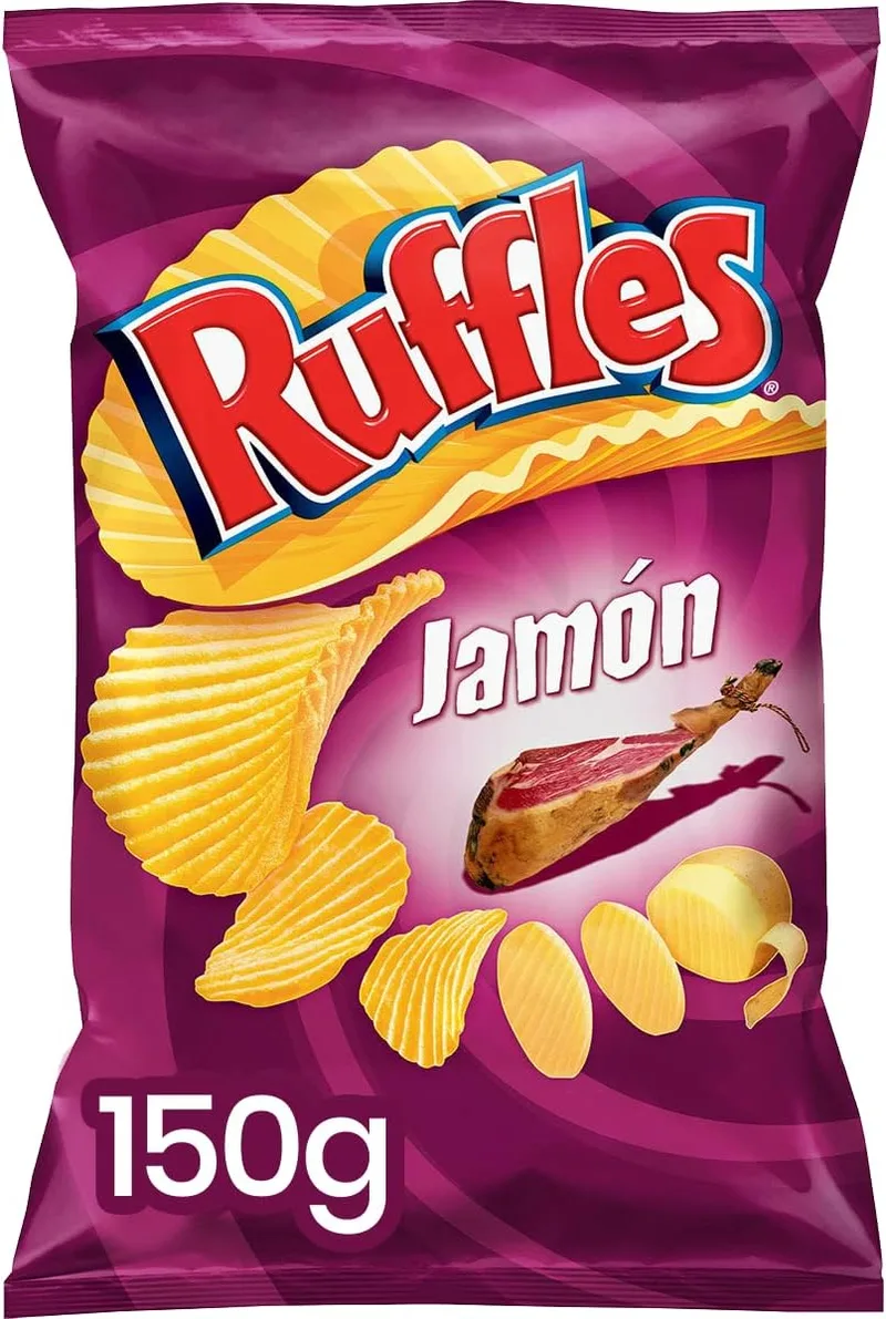 Ruffles ▫️ Jamón, Batatas fritas com sabor a presunto, Produto de aperitivo, embalagem individual, 150 g