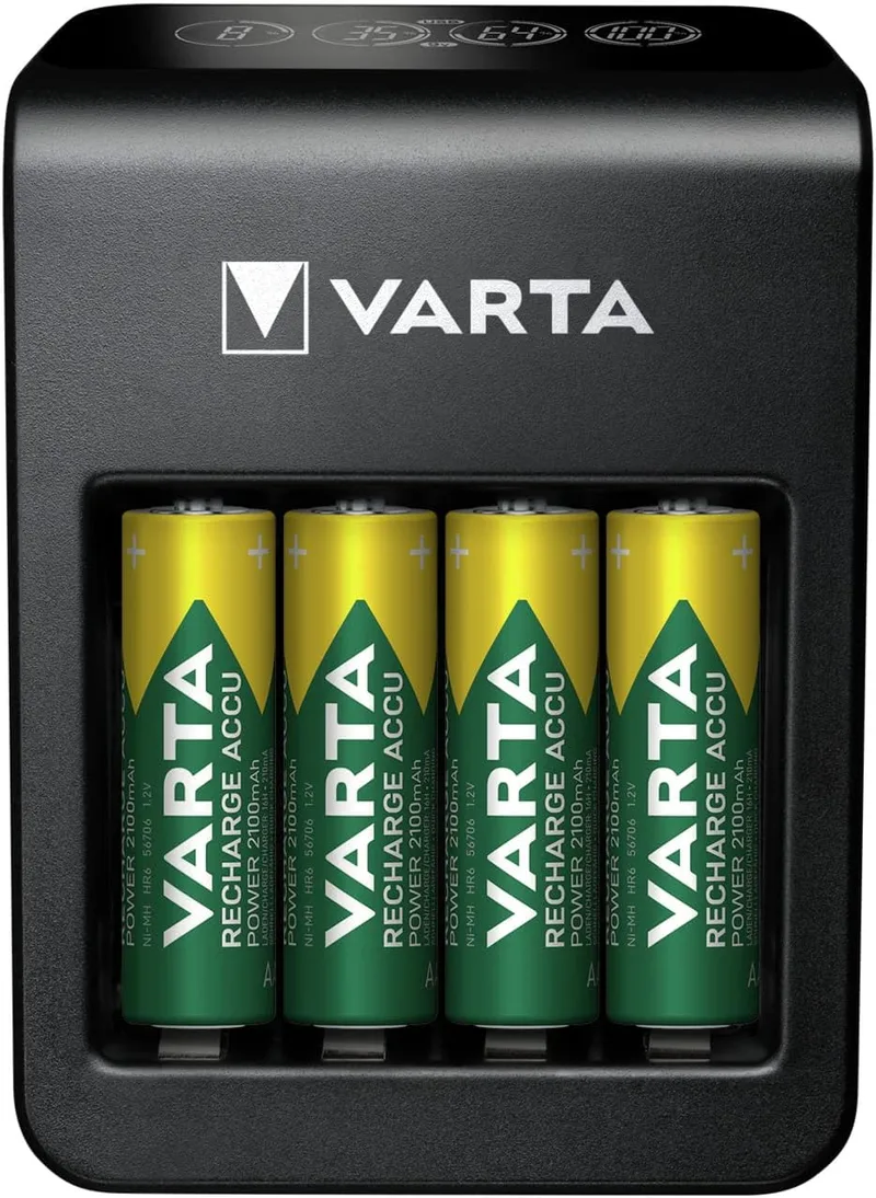 Carregador de pilhas VARTA, incl. 4X AA 2100mAh, carregador para pilhas AA/AAA/9V e aparelhos USB, LCD Plug Charger+, carregamento numa só ranhura