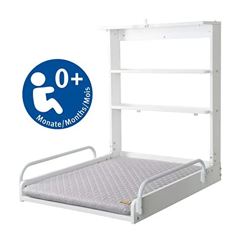 roba ▫️ Trocador de Parede Dobrável + Colchão Impermeável para Bebés Style Cinzento - Suporta até 15 kg - Madeira Branca 4