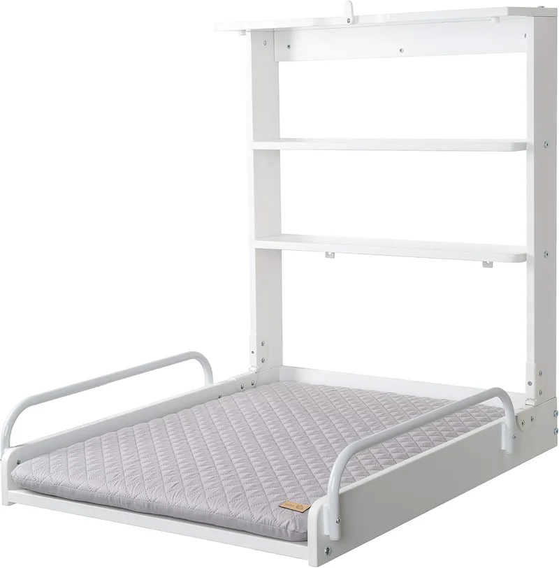 roba ▫️ Trocador de Parede Dobrável + Colchão Impermeável para Bebés Style Cinzento - Suporta até 15 kg - Madeira Branca