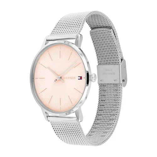 Tommy Hilfiger ▫️ Relógio analógico de quartzo para mulher, com bracelete em malha de aço inoxidável prateado ou bracelete em pele rosa 2