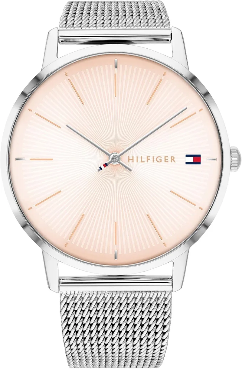 Tommy Hilfiger ▫️ Relógio analógico de quartzo para mulher, com bracelete em malha de aço inoxidável prateado ou bracelete em pele rosa