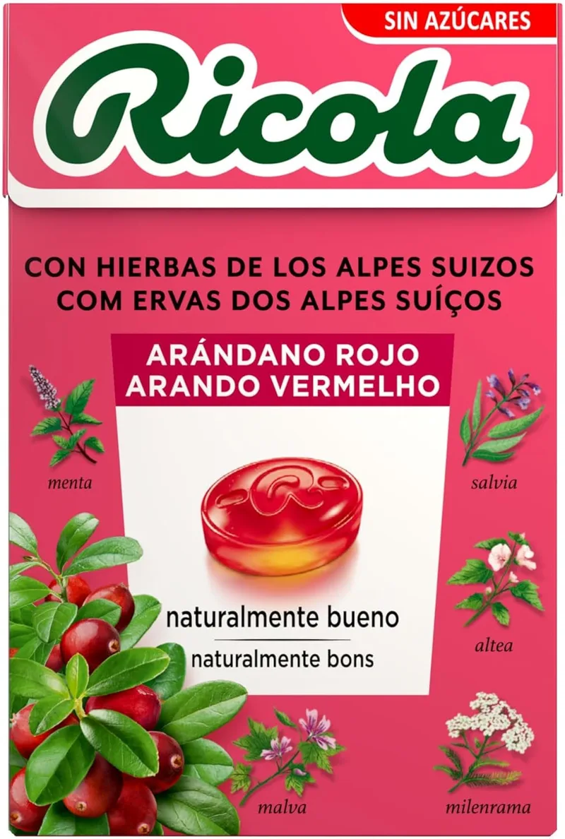 Ricola ▫️ Arando, rebuçado sem açúcar, refresca, acalma a garganta e a respiração, 13 ervas suíças e óleos essenciais, com edulcorantes - Caixa 50 g