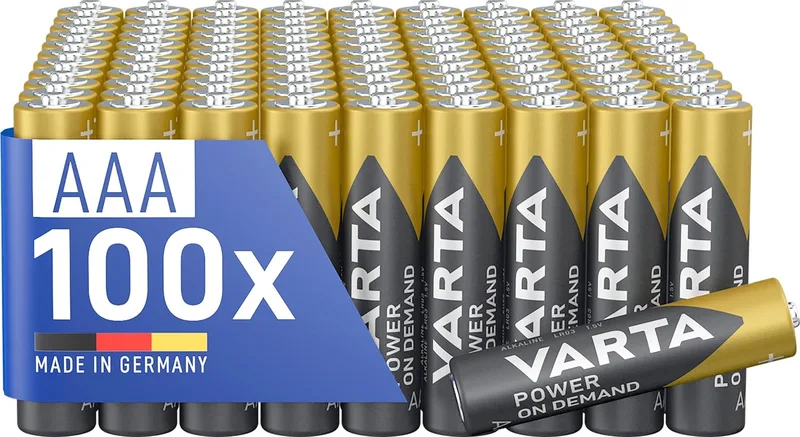 Varta ▫️ Pilhas AAA, embalagem de 100, Power on Demand, alcalinas, 1,5 V, para acessórios de computador, dispositivos Smart Home, lanternas, Fabricadas na Alemanha