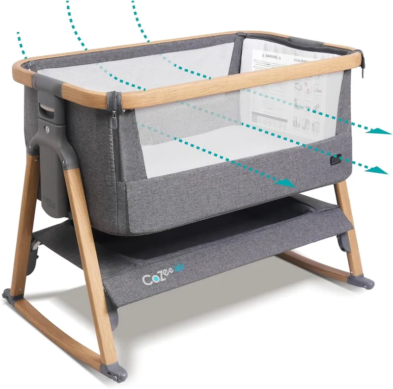Tutti Bambini ▫️ CoZee® Air: Berço e Cama de Co-leito para Bebé - Cama de Co-leito para Bebé - Dobre-se Rapidamente - Saco de Transporte - Colchão Deluxe Respirável com 6 Alturas - 0-6 Meses (Carvalho e Carvão)