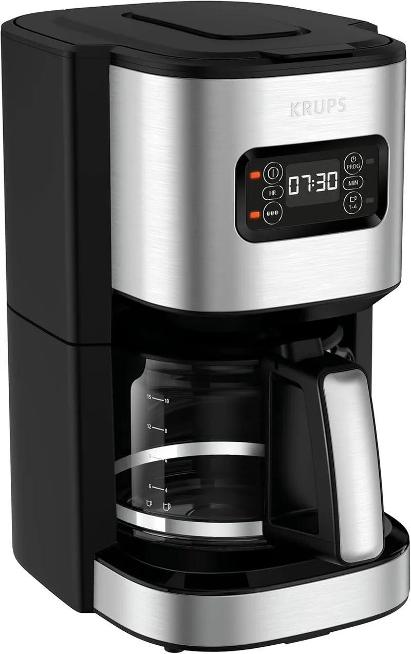 KRUPS ▫️ First – Máquina de café de filtro de 1,25 L, aço inoxidável, temporizador de 24 horas, seletor de intensidade de infusão, bico de água, modo de pré-infusão, sistema antigotejamento, capacidade para até 15 chávenas, KM480D