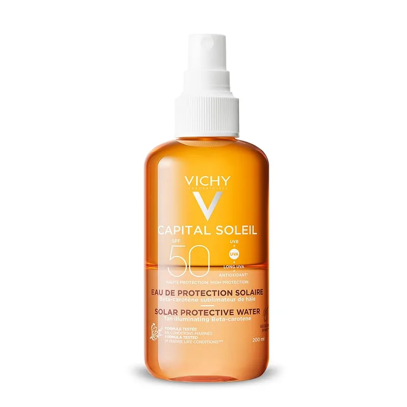 Vichy Brightening Eau de Toilette, Limpa, Hidrata e Protege a Pele, Fotoprotecção SPF50+ Contra os raios UVB e UVA, Fórmula Ultra-leve e Ultra-fresca, Capital Soleil, 200 ml